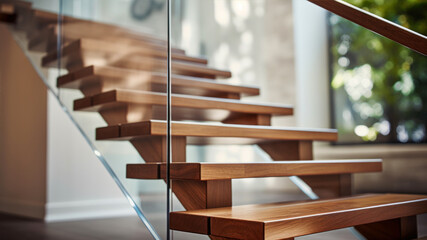 Wooden stairs in modern house, closeup view. Interior design