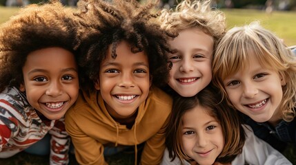 A diverse group of children from different backgrounds playing together in a park, showcasing unity, inclusivity, and breaking down social barriers - obrazy, fototapety, plakaty