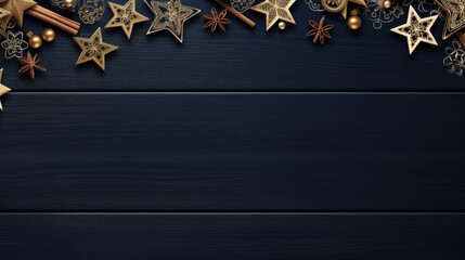 Wooden background in steel blue color with empty space and Christmas decorations on top, including...
