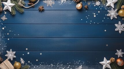festive wooden background with navy blue wood grain with empty space, surrounded by Christmas decoration and snow. copy space frame