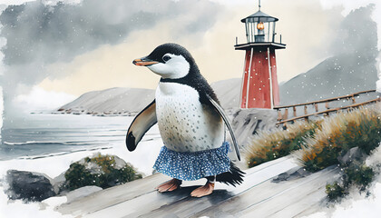 pinguin gezeichnet, Leuchtturm, witzig, spassig, malerei,  - obrazy, fototapety, plakaty