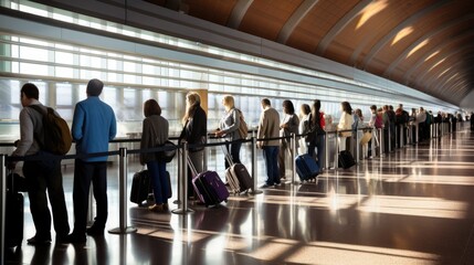 Crowded airport queue with travelers of various ages, ethnicities, and professions. Orderly scene with casual and business attire, backpacks, suitcases, and rolling luggage