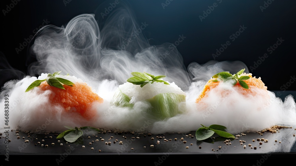 Poster  a group of sushi rolls sitting on top of a table covered in clouds of smoke and sprinkles of green leafy leaves on a black background.  generative ai