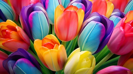 Vibrant tulips in full bloom, arranged in a rainbow spectrum, celebrating the colors of spring.