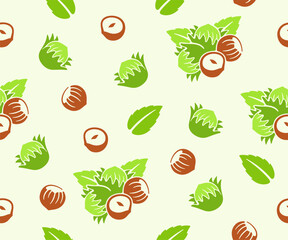 Hazelnut, filbert, cobnut, nut, leaves and plant, seamless vector background, pattern. Nutty, food, meal, nature, fruit, kernel, eating and eat, vector design and illustration