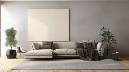 An AI illustration of a contemporary style living room interior with grey walls and wooden flooring 
