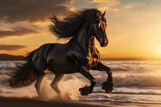  a picture of a horse running on the beach with the sun setting in the background and clouds in the sky over the water and the water, and the horse is galloping.  generative ai