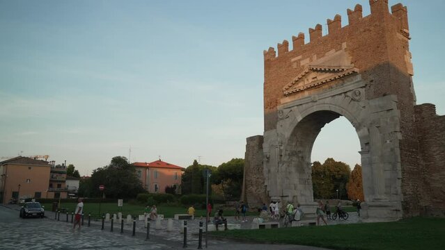 View of Arco di Augusto at sunset, Rimini, Emilia Romagna, Italy