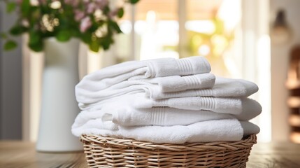 Fototapeta na wymiar Basket with clean towels on wooden table in bathroom, closeup