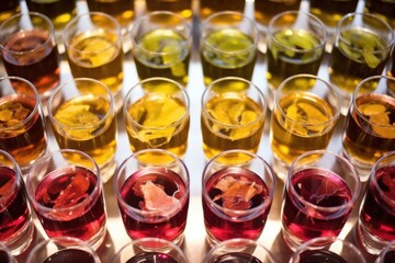 detailed close-up of wine samples in clear glass containers