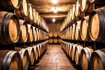 wine barrels stacked in a cellar - obrazy, fototapety, plakaty