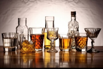 alcohol tasting glassware on a light table - obrazy, fototapety, plakaty