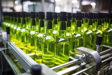 Foto op Plexiglas bottles sealed and ready for alcohol testing on a conveyor belt © Alfazet Chronicles