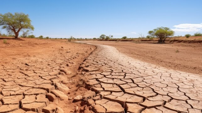 Barren, cracked earth stretches across a dry riverbed in an arid landscape. Drought-stricken vegetation and withered plants depict a waterless, parched environment with brown grass