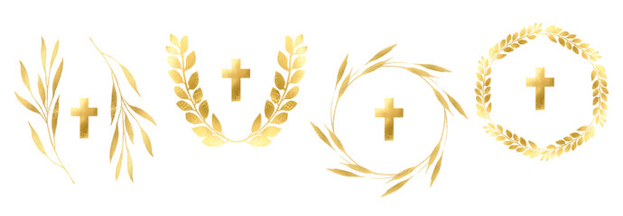 Golden cross and flowers, vector illustration, linear floral border and cross, communion invitation with golden details and a cross on top, Easter holiday, for baptism, first communion, bible phrase - obrazy, fototapety, plakaty