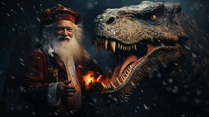 close up of a head of a trex with santa claus