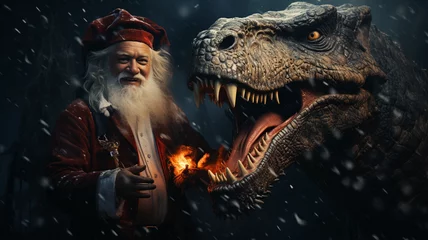 Raamstickers close up of a head of a trex with santa claus © Ramazan 3D