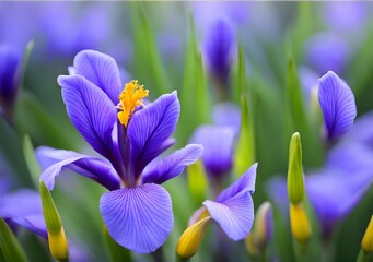 Purple crocus flowers in the garden. Selective focus.