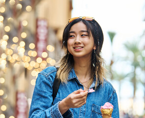 young woman girl travel tourist outdoor city happy vacation holiday street summer ice cream tourism...