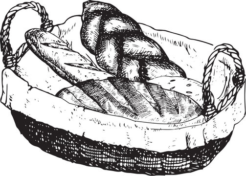 recommend clip art: Vector graphic illustration of challah bread, bun with seeds and baguette in wicker bread basket. Black and white sketch on a white background. Suitable for logo, bakery design, wrapping paper