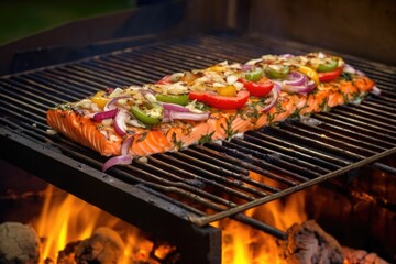 Naklejka premium apple cider bbq salmon sizzling on hot grill, smoke rising