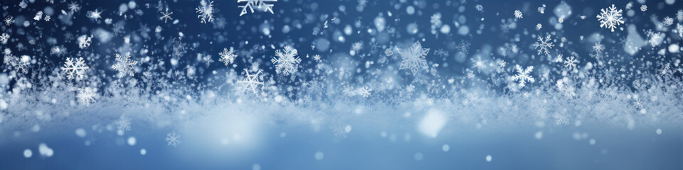 Winter background with snowflakes and bokeh lights. Banner.
