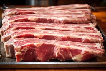 Fototapeta premium detailed shot of pork rib rack showing fat and meat texture