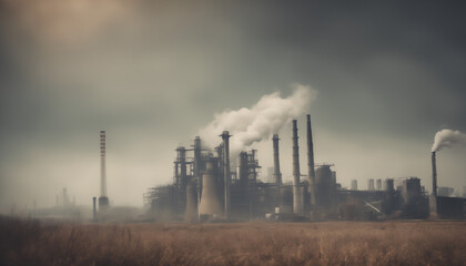 oil power plant with smoke and dirty air-pollution, landscape covered in thick smog