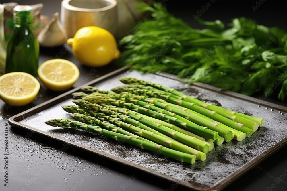 Sticker fresh asparagus on a ceramic tile, pre-preparation