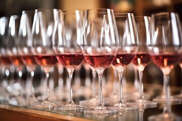close-up of wine glasses arranged on a countertop