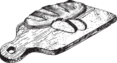 Vector graphic illustration of bread with sliced pieces on wooden cutting board. Black and white sketch on a white background. Suitable for logo, bakery design, wrapping paper