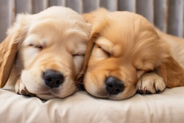 two golden retriever puppies sleeping side by side