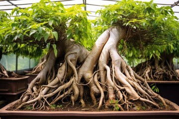 intertwined roots of two bonsai trees in a single pot