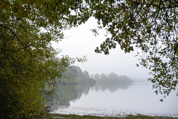 Natural lake on a gray foggy morning surrounded by deciduous forest on the shore in early autumn,...