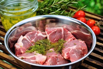 Fototapeta premium lamb chops marinating in a bowl next to a grill