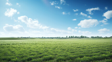 Obraz premium A patchwork of farmland, stretching out to the horizon, with a blue sky above