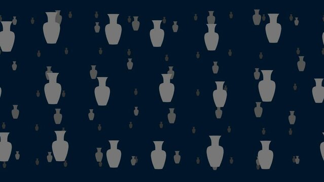 Vases float horizontally from left to right. Parallax fly effect. Floating symbols are located randomly. Seamless looped 4k animation on dark blue background