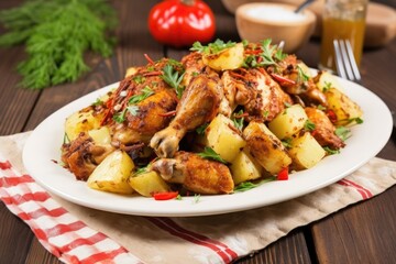potato salad decorated with barbecued chicken pieces