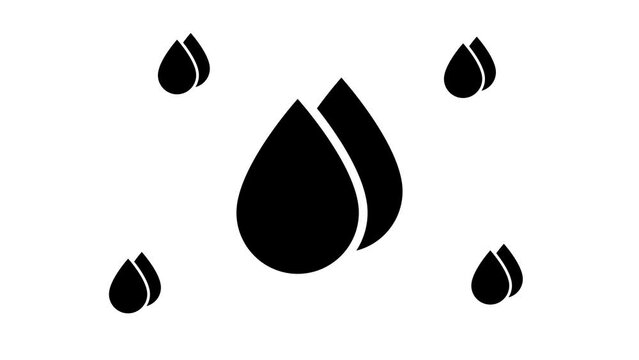 Zoom in and out animation the water drop symbol. Large black symbol in the center and four small symbols around. Seamless looped 4k animation on white background
