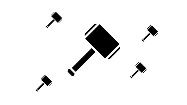 Zoom in and out animation the sledgehammer symbol. Large black symbol in the center and four small symbols around. Seamless looped 4k animation on white background