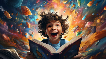 Fototapeta na wymiar Happy kid of reading books on colorful backgrounds