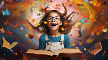 Happy kid of reading books on colorful backgrounds - obrazy, fototapety, plakaty