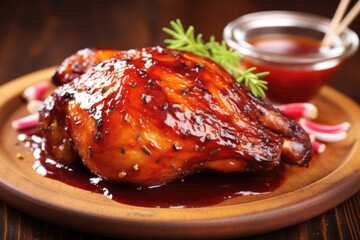 close-up of a chicken thigh with barbecue sauce - obrazy, fototapety, plakaty