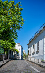 Fototapeta na wymiar Cobblestone road in a street with old buildings in the hills of Montmartre in Paris
