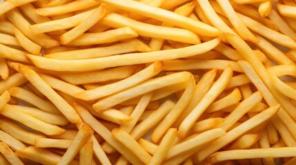 Golden French fries potatoes background, close-up, top view.