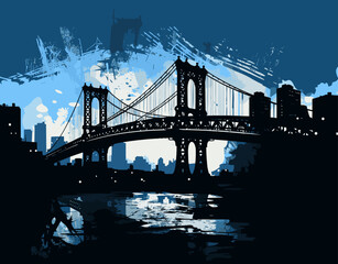 Iconic bridge silhouette against city skyline. Artistic brushstrokes, splatters. Waters reflect structures, sky.
