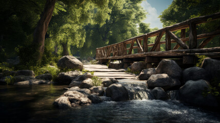 A narrow footbridge connecting two sides of a tranquil river