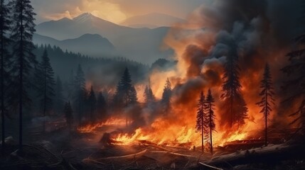 Burning forest in the Ukrainian Carpathians. The concept of ecological disaster. - obrazy, fototapety, plakaty