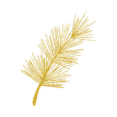 Gold glitter outline illustration with branch of Christmas tree