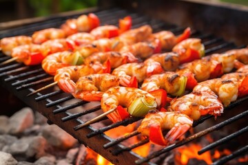 grill filled with skewered shrimp over red-hot coals - obrazy, fototapety, plakaty